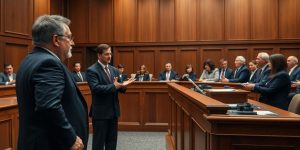 Courtroom scene with judge, lawyers, and jury present.