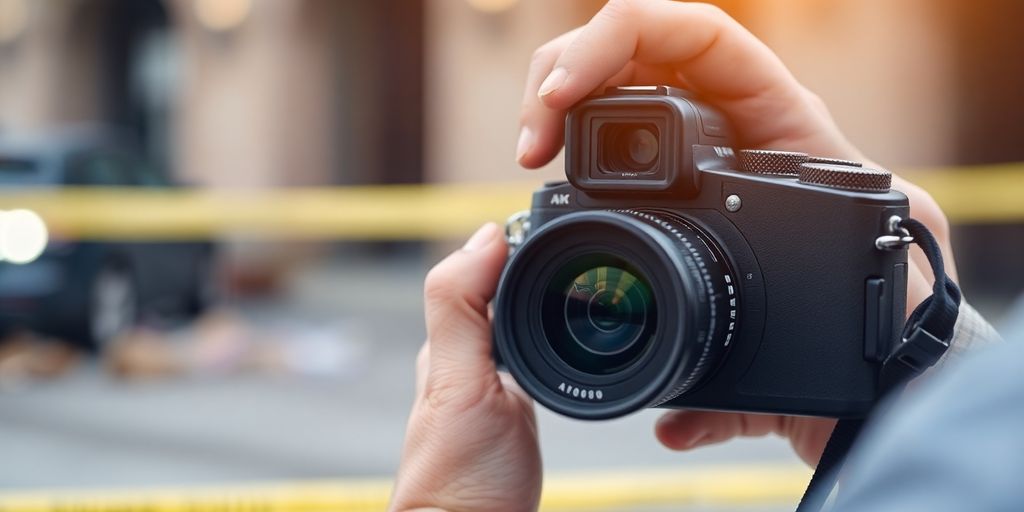 Person photographing evidence at a crime scene.