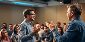 A confident speaker engaging an attentive audience.