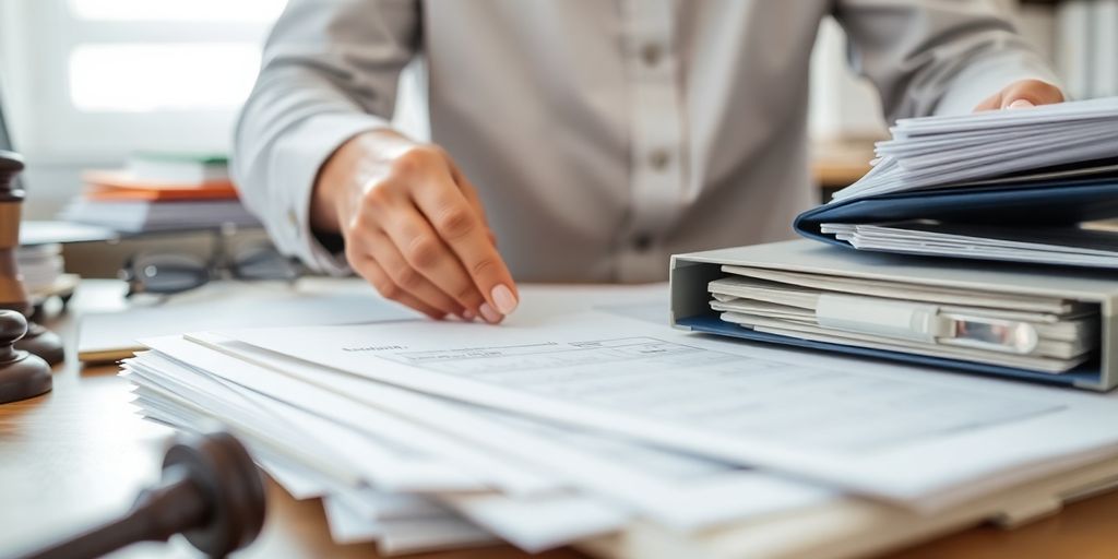 Person collecting legal documents in an organized workspace.