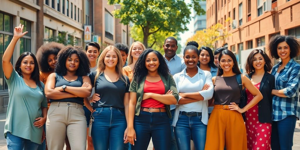 Diverse people standing confidently in an urban setting.