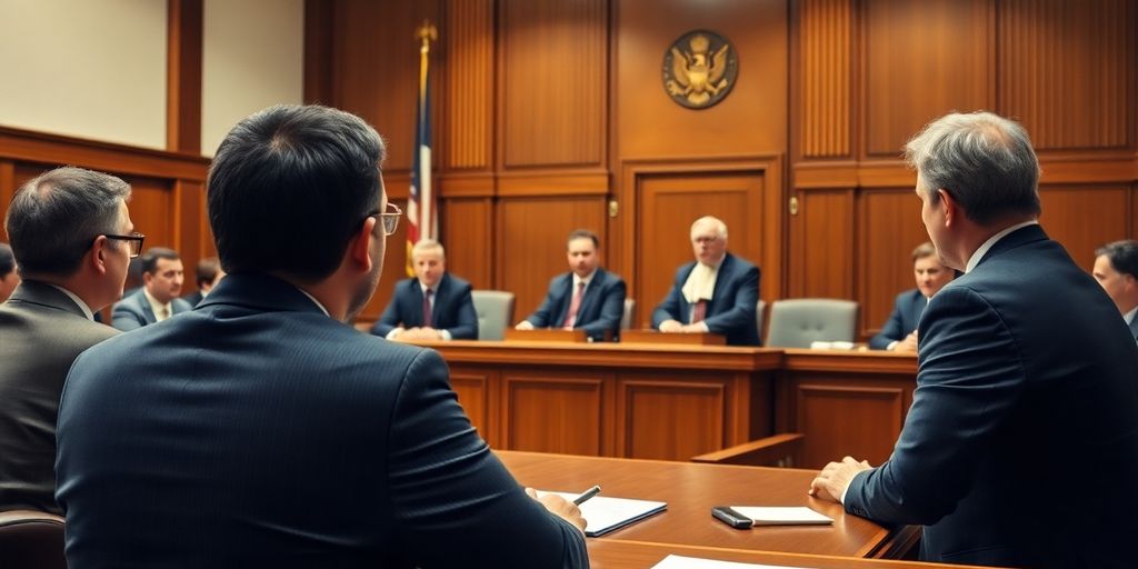 A courtroom with a judge and lawyers during a trial.