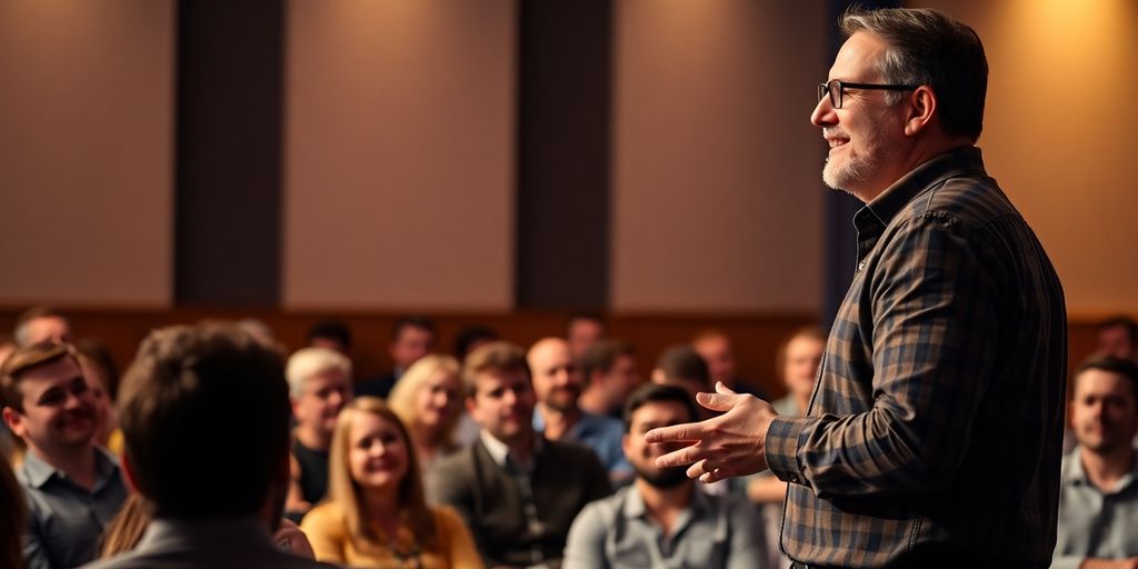 Confident speaker engaging audience on stage with enthusiasm.