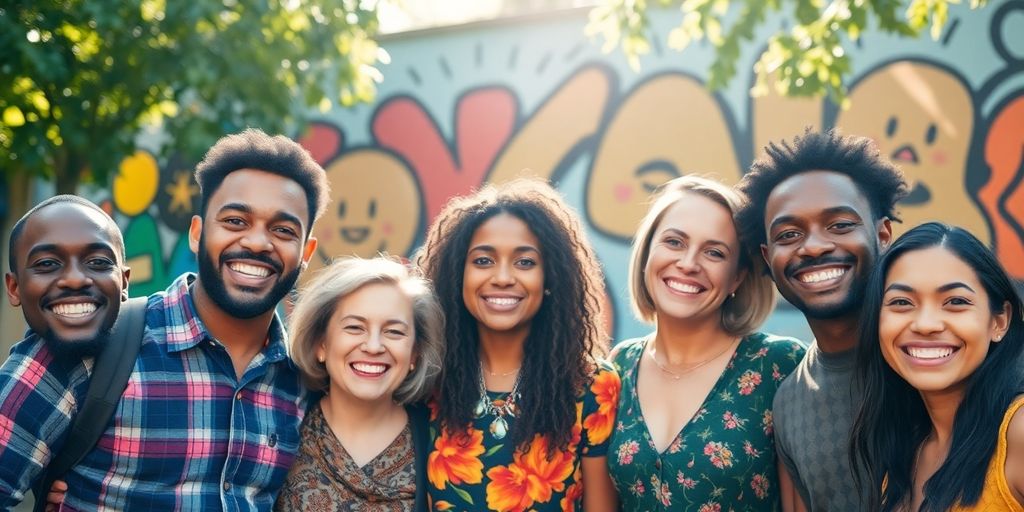 Diverse group of people smiling together outdoors.