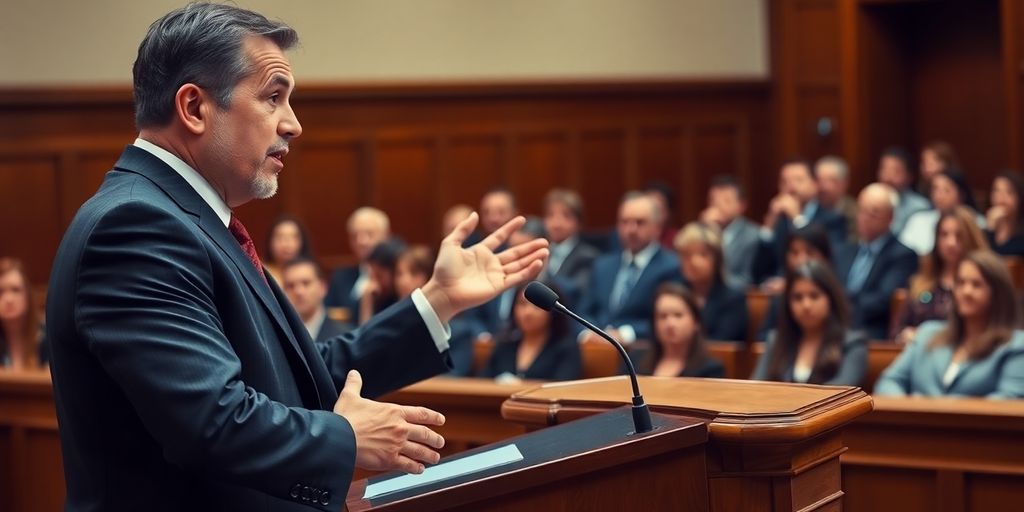 A speaker at a courtroom podium engaging the audience.