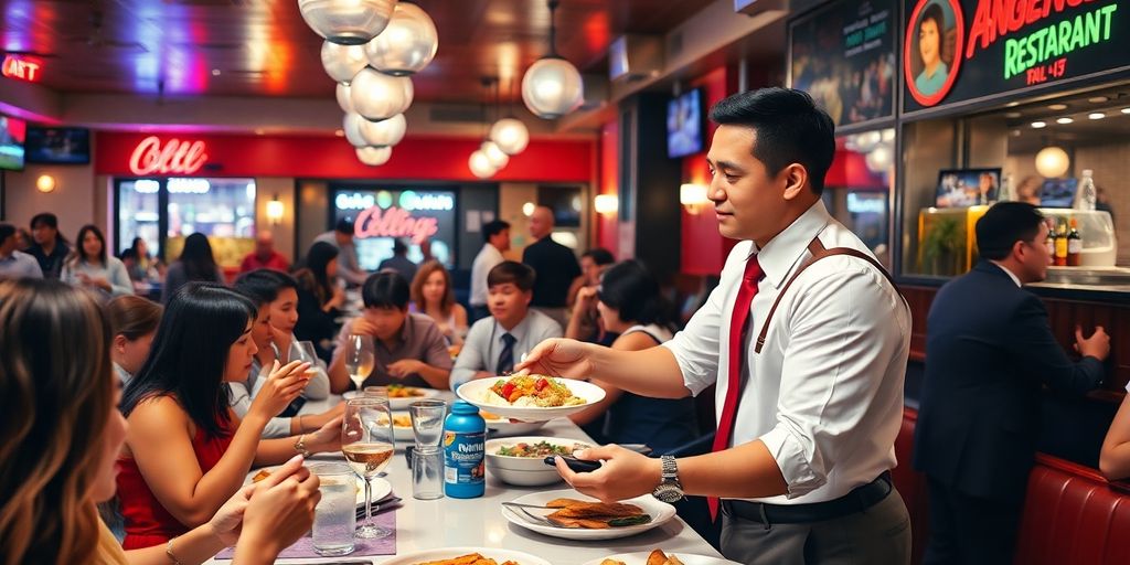 Waiter serving food in a busy LA restaurant.