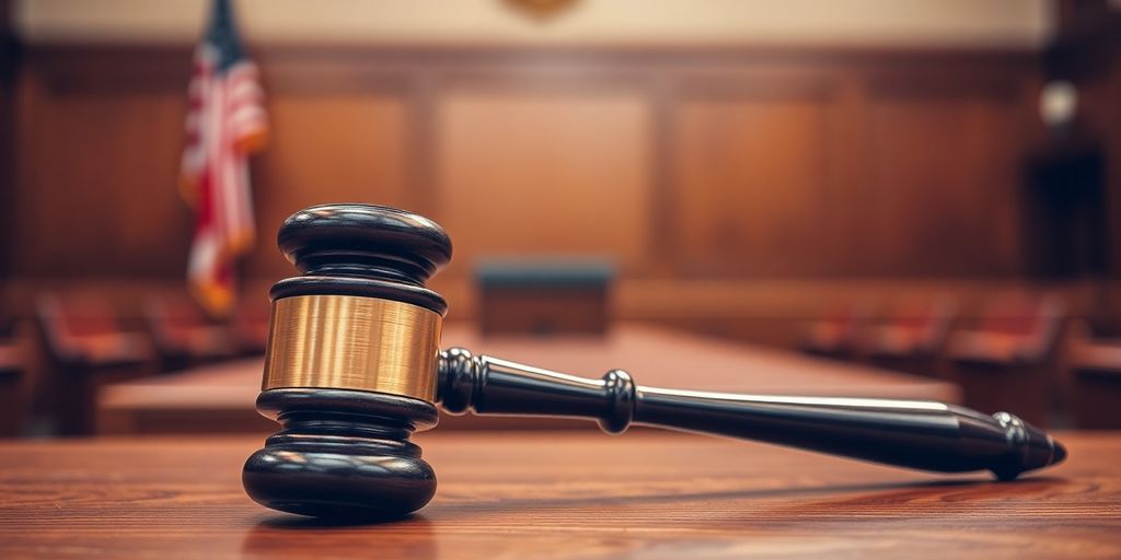 A gavel on a wooden court desk in a courtroom.