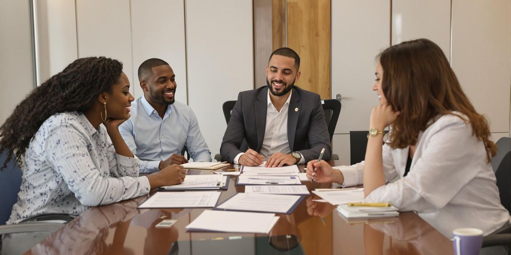 Diverse professionals in a meeting discussing legal practices.