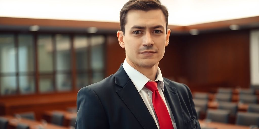 Confident individual in formal attire in a courtroom.