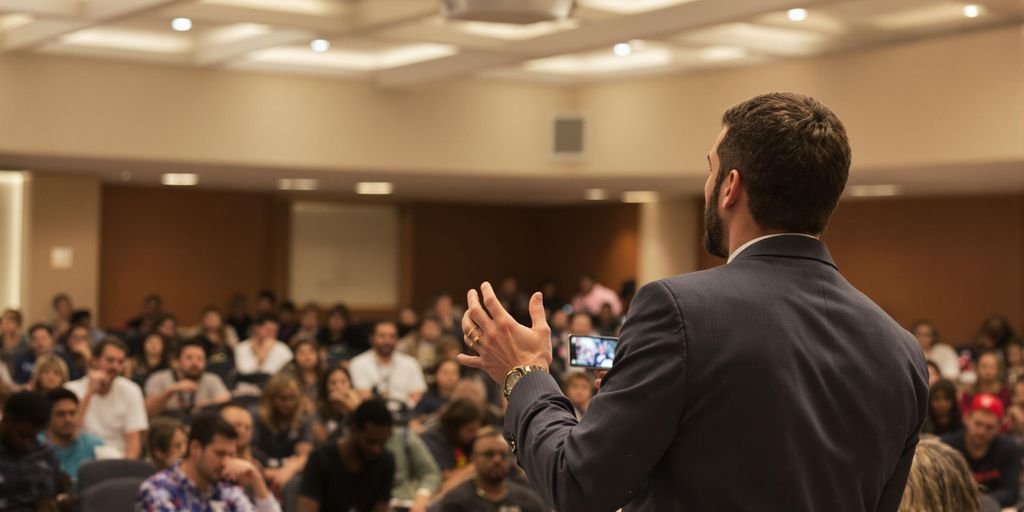 Confident speaker engaging audience in an auditorium setting.