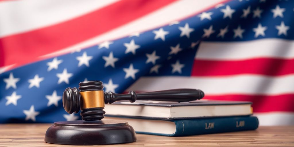 American flag with gavel and law books on table.