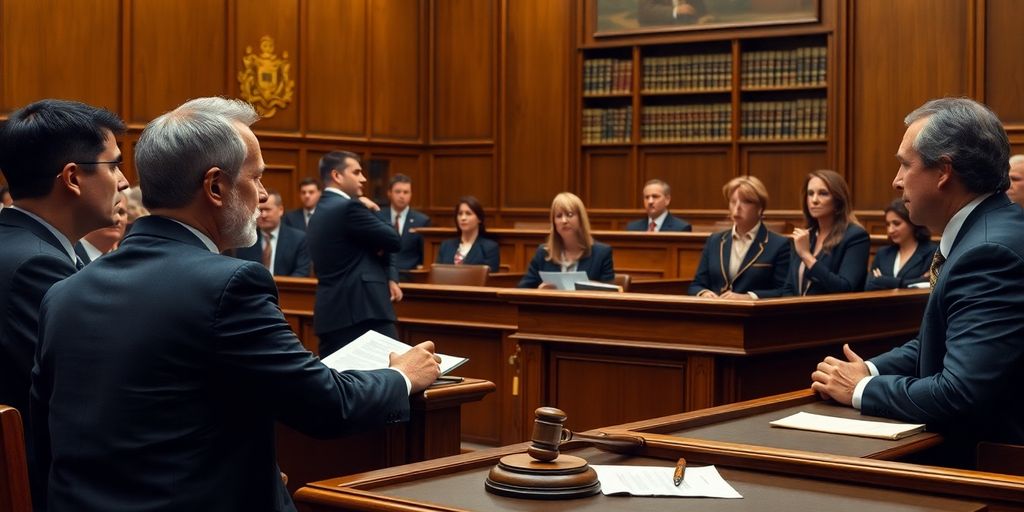 Courtroom with judge, lawyers, and witnesses during trial.