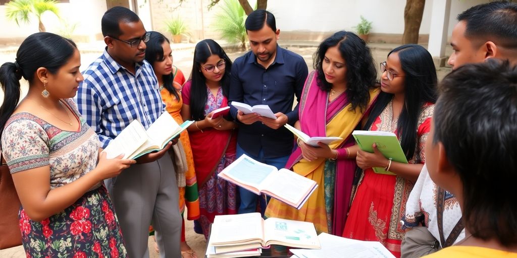 Group discussing legal resources outdoors with books.