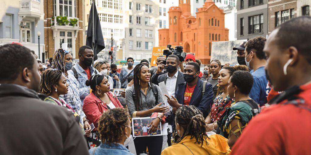 Diverse advocates collaborating in a vibrant community setting.