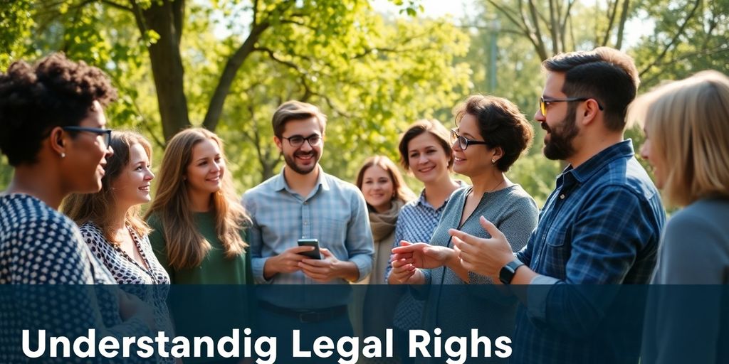 Group discussing legal rights in a sunny outdoor setting.