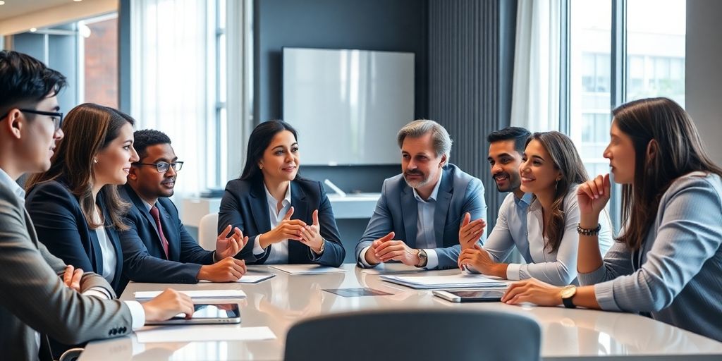 Professionals discussing strategies around a conference table.