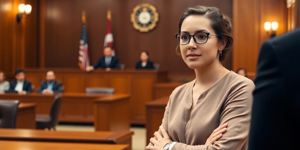 Calm individual in courtroom preparing to speak confidently.