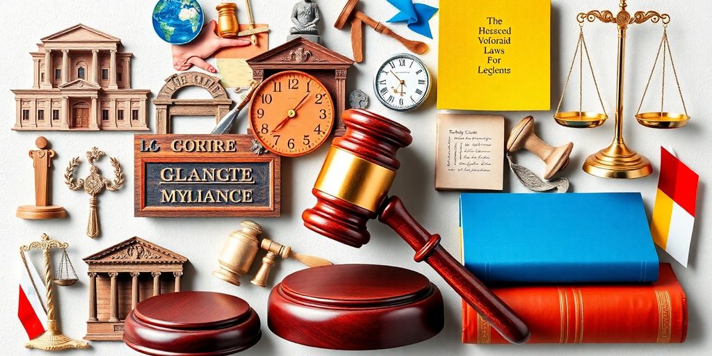 Collage of legal symbols like scales, gavel, and law books.