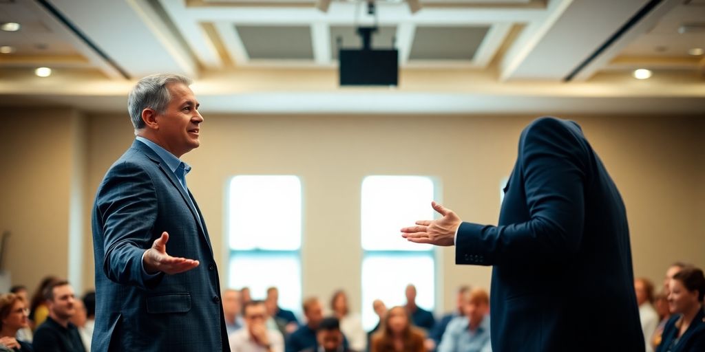 Confident speaker engaging with an audience in a bright setting.