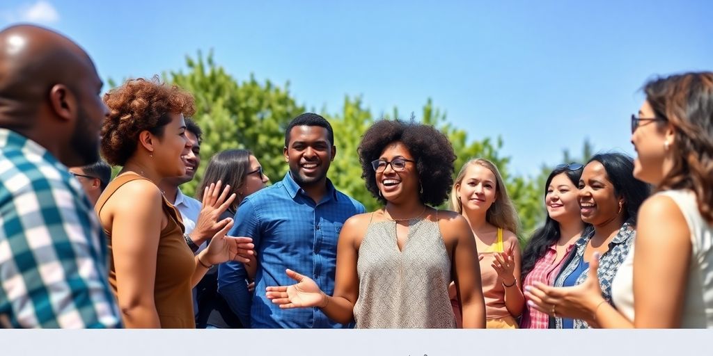 Diverse individuals discussing their rights in an outdoor setting.