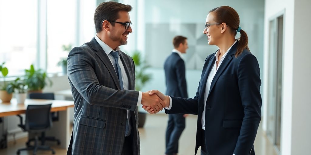 Two professionals shaking hands in an office environment.