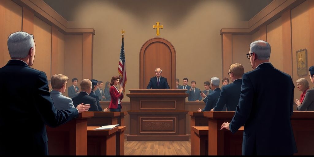 Courtroom scene with judge, lawyers, and jury members.