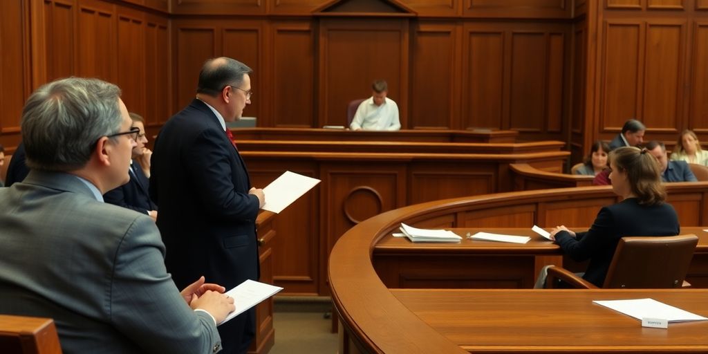 Courtroom with judge, lawyers, and a defendant present.